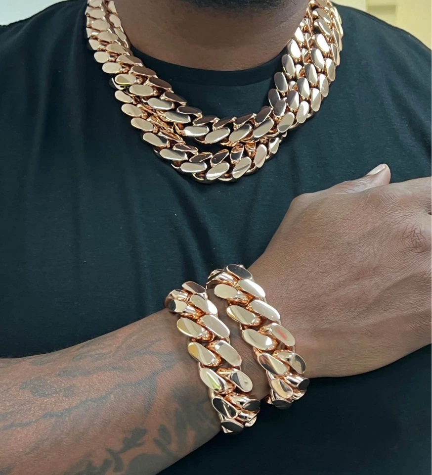 Bracelet & Chain Set Miami Pink Rose Gold Cuban Link Gold Plated Set 20mm |1 set - Image 2 of 4