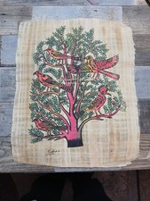 Altes Signiertes Original Papyrus Leinwand Bild Bunte V&ouml;gel Lebensbaum &Auml;gypten