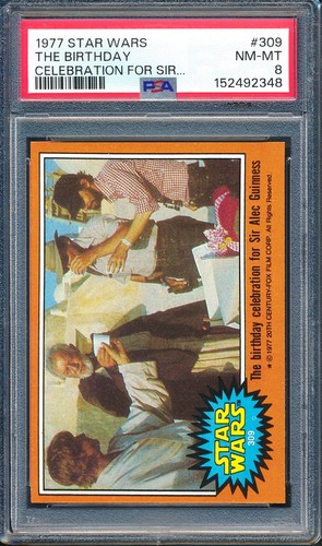 1977 Topps Star Wars #309 The birthday celebration for Sir Alec Guinness — PSA 8