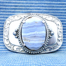 Cowboy Cowgirl Western Dress Belt Buckle Bluegray Banded Agate Scroll Vtg.CPA594