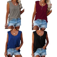 Casual Loose Tee Sleeveless Summer Tank Tops Button Ladies Vest Womens