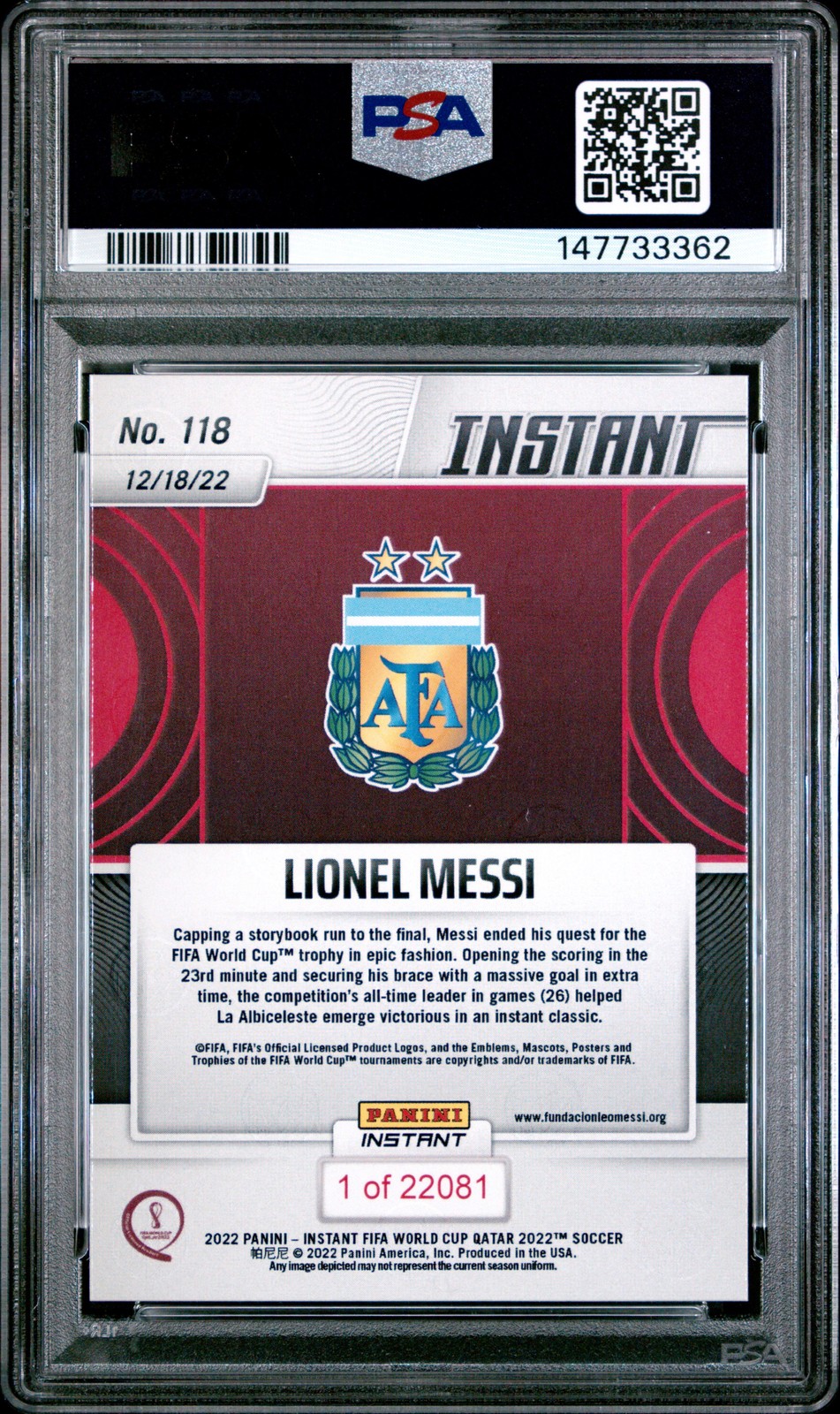 2022 PANINI INSTANT FIFA WORLD CUP QATAR #118 LIONEL MESSI PSA 10 view 2
