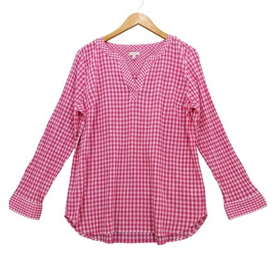Talbots Top Women L Pink Gingham Cotton Gauze Split Neck Long Sleeve Blouse