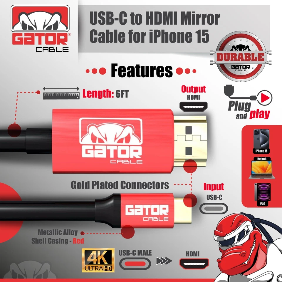 USB-C to HDMI Mirror Cable Adapter 4K HDR HDTV For iPhone 15 16 Pro Max Plus - Image 4 of 4