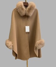 Women's Brand New Cashmere Wool Cape Cloak Jacket Coat Fox Fur
