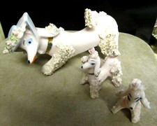 VINTAGE PINK SPAGHETTI TEXTURED GOLD CERAMIC POODLE DOG FIGURINES HAT LOT OF 3 