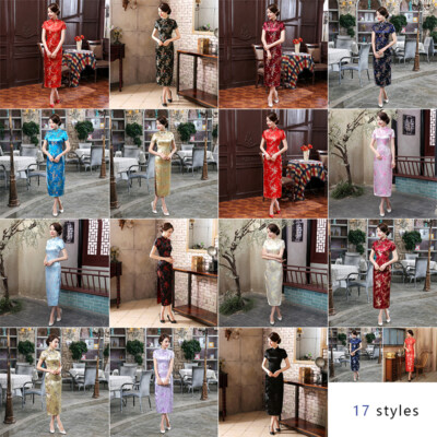 Womens Chinese Satin Long Cheongsam Summer Evening Party Qipao Dress Plus Size