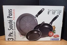 TRAMONTINA 3 PACK SAUTE PAN 8" 10" 12" SKILLET PORCELAIN ENAMEL -NONSTICK  BLACK