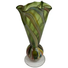 Vintage Green Multicolor Swirl Ruffled Vase Blown Art Glass Rainbow Flower Bud