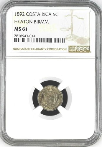Costa Rica: 5 Centavos 1892 Heaton Birmm, NGC MS 61, KM# 128 Silver