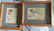 VINTAGE BESSE PEASE GUTMANN LITHO FRAMED UNDER GLASS PAIR FOLKART SWEET BABY ART