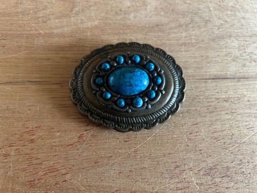 Belt Buckle Faux Turquoise Brass Tone Southwestern Concho Style Western Vtg - Picture 12 of 21
