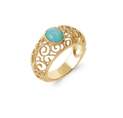 Ring Vergoldet 18 Karat - Cabochon Amazonit Oval Und Ring Arabesque