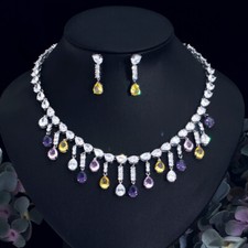 Multicolor CZ Long Drop Weddings Necklace and Earrings Silver Plated Jewelry Set