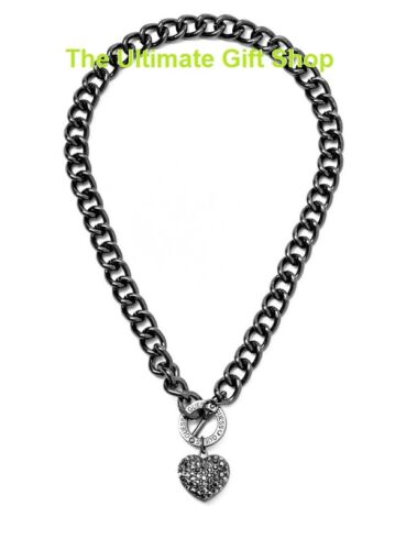 NEW GUESS HEMATITE TONE NECKLACE w/ PUFFED RHINESTONE HEART CHARM - Picture 1 of 1