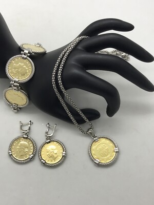 FAB! 3PC Set Sterling Silver Lira Coin Necklace, Bracelet, Earrings  ITALY