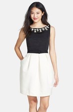 Eliza J Embellished Neck Color block Tulip Dress Petite Sz 4P Black Ivory