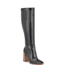 Nine West Temas Knee High Leather Boots 11 Black Square Toe Block Heel New