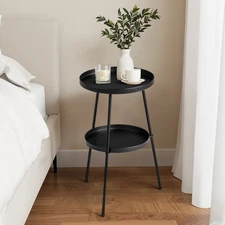 Round 2-Layer Garden Patio Small Side Table In/Outdoor Metal End Table Black