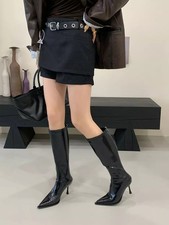 Stivali Neri Lucidi Tacco 7 Cm Alti Al Ginocchio In Pelle Sintetica CF56856