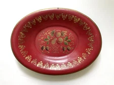 13” English Antique Red Toleware Tole Hand Painted Metal Bowl