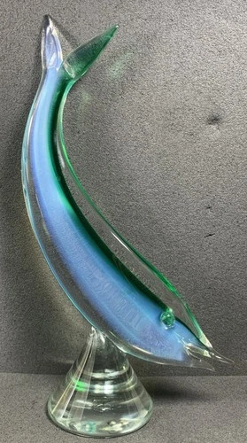 Murano Glass Fish  Sculpture, Blue, Green, Clear, 11” Tall, Vintage! 1970’S