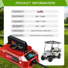 Xislet 48V Golf Cart Battery Charger 15A for Club Car 3-Pin Round Plug - Red