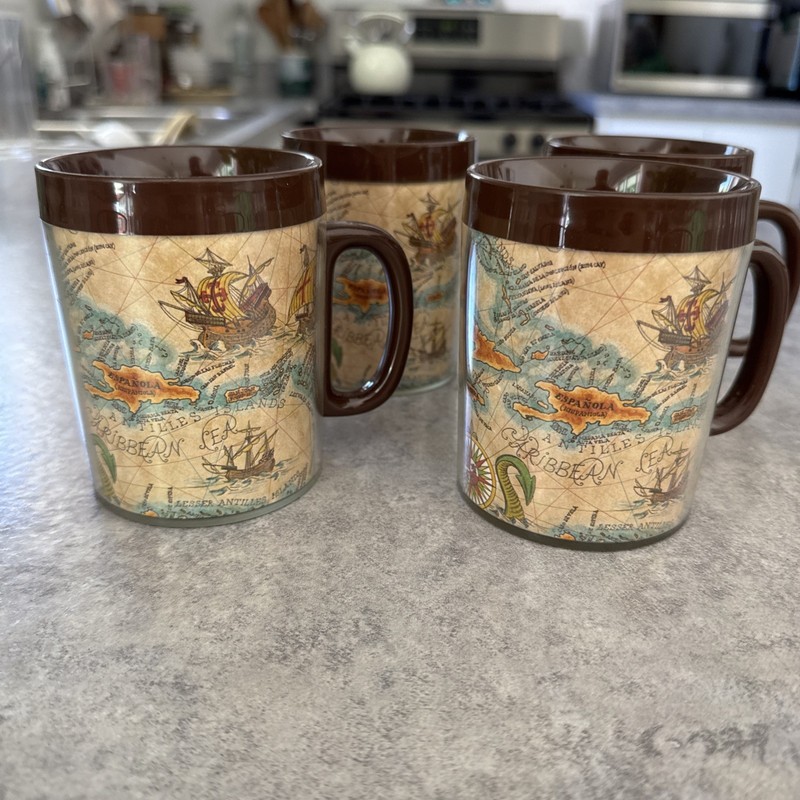 (4) Vintage 70s THERMO-SERV Atlas/ Map Caribbean Sea Insulated Short Coffee Mugs