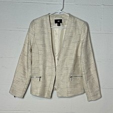 H M Ivory Open Front Textured Blazer Jacket Women Size 8 Zipper Pocket Career