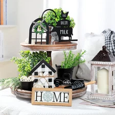 Yulejo 7 Pcs Farmhouse Tiered Tray Decor Buffalo Plaid Rustic Farmhouse... 