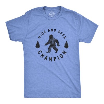 Mens Hide and Seek Champion T shirt Funny Bigfoot Tee Humor Cool Graphic Print