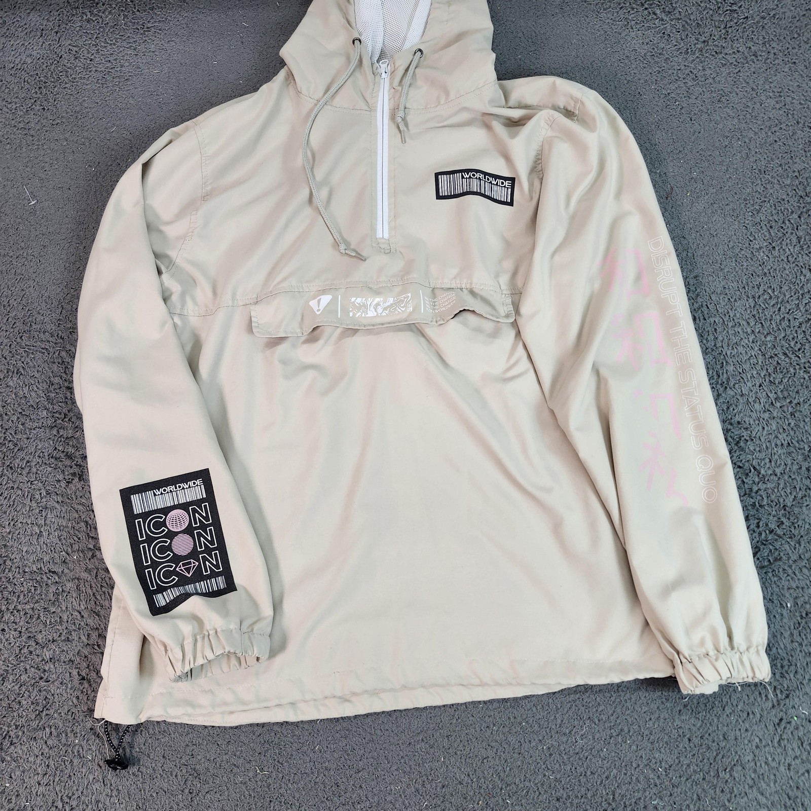 Brooklyn Cloth Jacket Mens Large Beige Hooded 1/4 Zip Icon Tiger Graphic