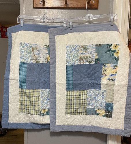 Vintage Handmade Quilted Pillow Shams Zipper Back Tropical Beachy Blue 30 X 24