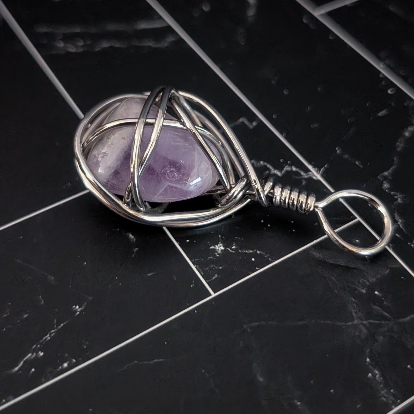 Purple Stone Large Pendant with Silver Tone Wrap - Statement Pendant
