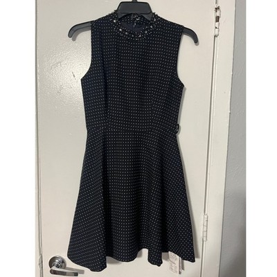 Kai Li Duo Zi Studded Mock Neck Polka Dot Fit Flare Skater Dress Black White M