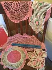 Five pink crochet doilies vintage handmade