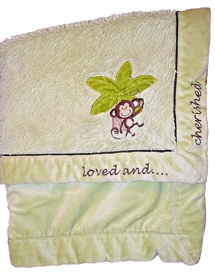 8S NOJO Loved and Cherished Monkey Green Plush Velour Faux Fur Baby Crib Blanket - Image 1 of 4
