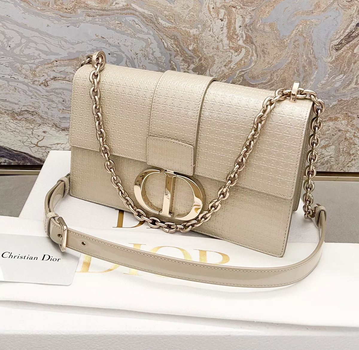 30 montaigne flap chain patent leather crossbody bag Dior Beige in