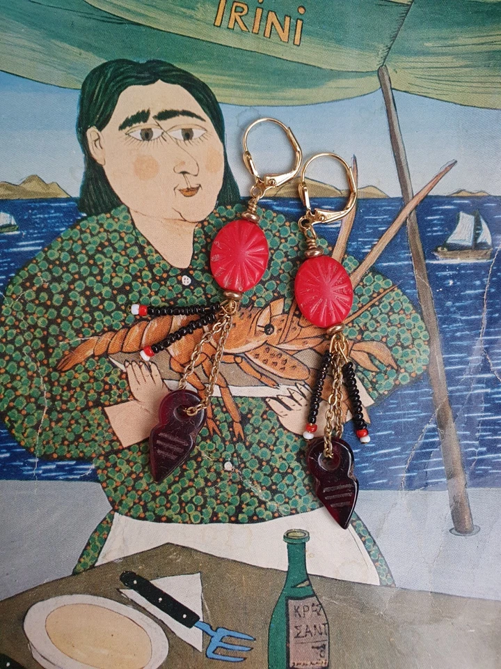 Unique EARRINGS Africa Trade red 'Sea Shell' beads long tassels vintage talisman - Image 2 of 4