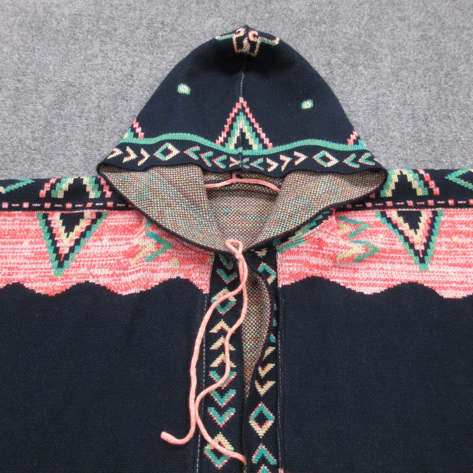 Checkanka Poncho Womens Geometric Knit Aztec Hooded Cape Open Shawl Quetzal