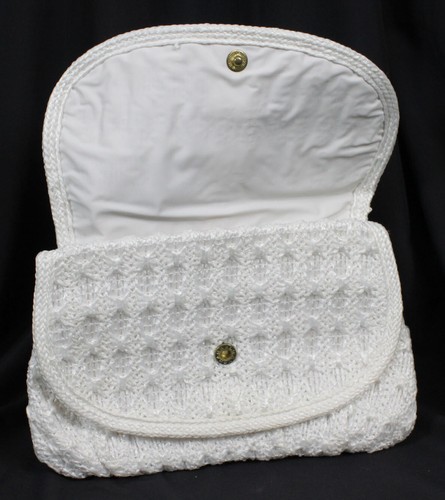 Vtg Purse Handbag 1960s 1970s Retro Mod White Woven Clutch Flap Front Pristine - Picture 2 of 6