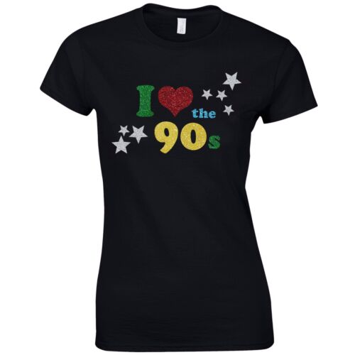I Love The 90s Ladies Fitted T-Shirt - Women Fancy Dress Glitter Print Party Top - Picture 1 of 2