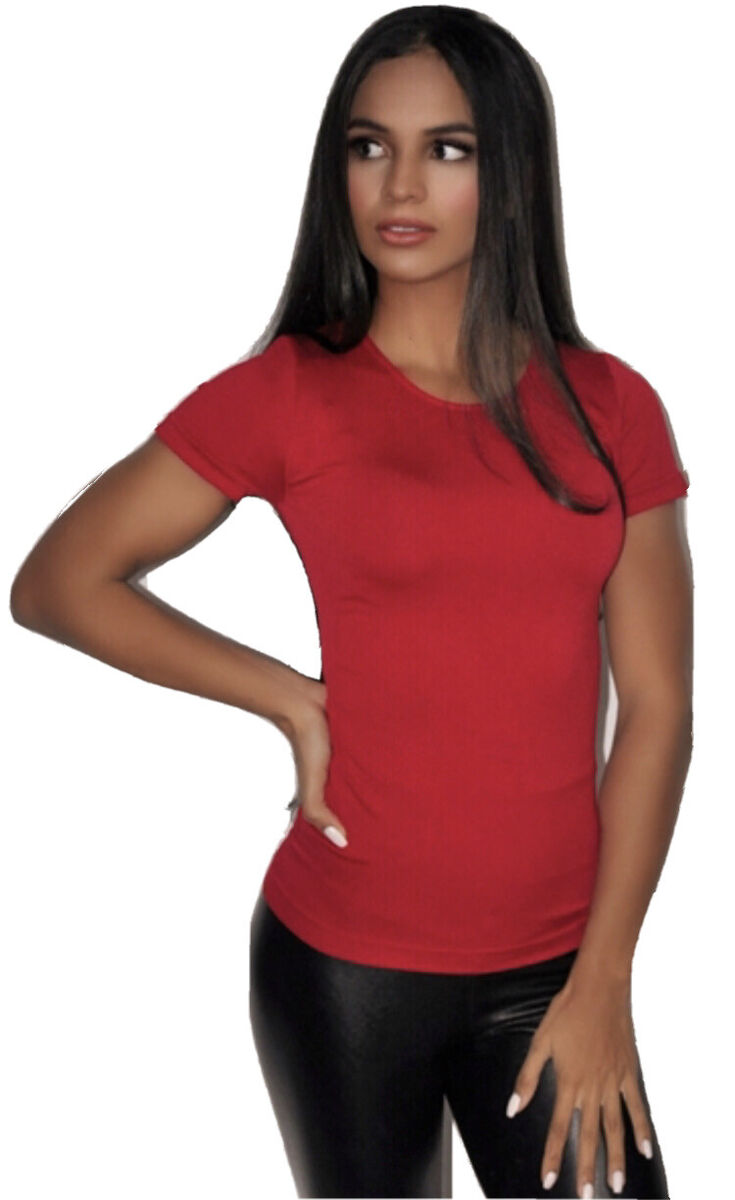 Hot Red Seamless Stretchy Fitted Skin Tight Nylon Crewneck Tee T