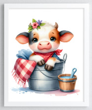 Cow Wall Art Print, Cow in a Bucket Print, Farmhouse Art Home Decor Print 96