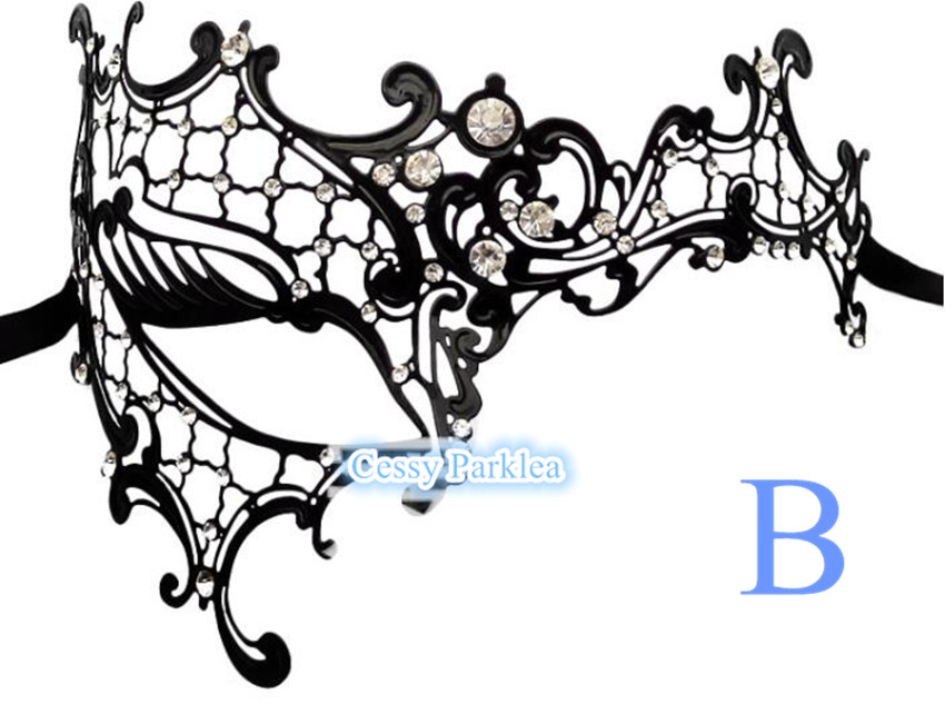 Black Filigree Metal Half Masquerade Masks + Rhinestones Red