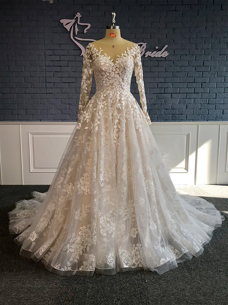 Lace Appliques Wedding Dress A Line O-Neck Long Sleeves Bridal Gowns Sweep  Train | eBay