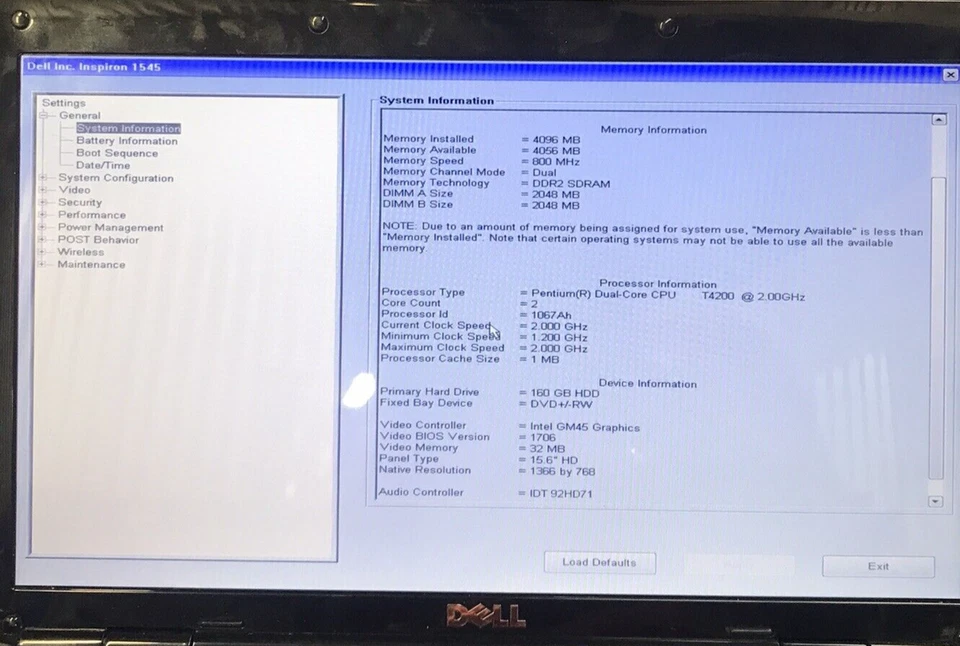 Dell Inspiron 1545 15.6"Pentium T4200 4GB Ram 160GB HDD No OS Boot To BIOS H2184 - Image 2 of 4