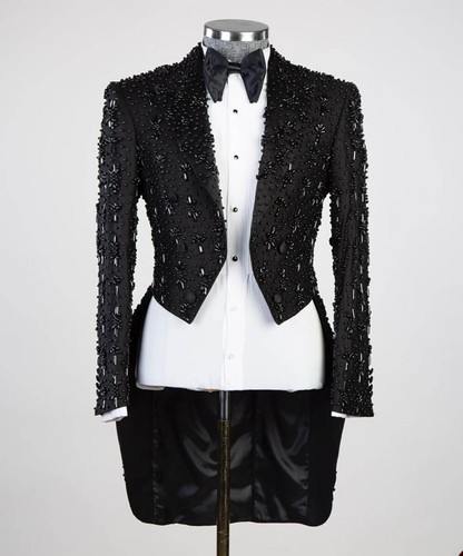 Men Black Beaded Suit Double Breasted Tuxedo Peak Lapel Custom Wedding Free Time - Picture 2 of 12