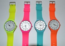 NEW-GENEVA NEON SILICONE YELLOW,PINK,ORANGE & AQUA BLUE ROUND DIAL WATCH