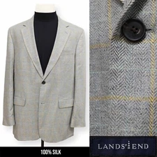 LANDS END mens gray yellow windowpane SILK sport coat suit jacket blazer 43 44 L